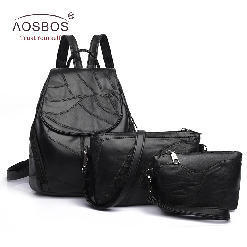 Aosbos Women 3 Pcs Set Genuine Leather Composite Bags Designer Black Sheepskin Travel Backpack Girl Solid