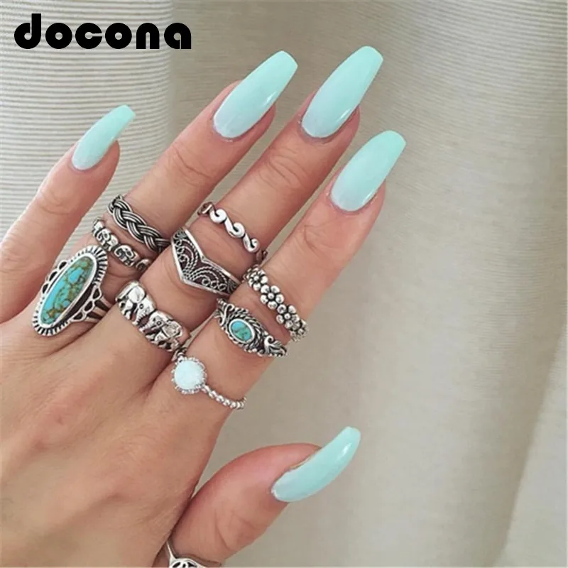 

docona Antique Silver Color Elephant Flower Carving Knuckle Rings Set for Women Vintage Green Rhinestone Midi Rings 9 pcs 3589