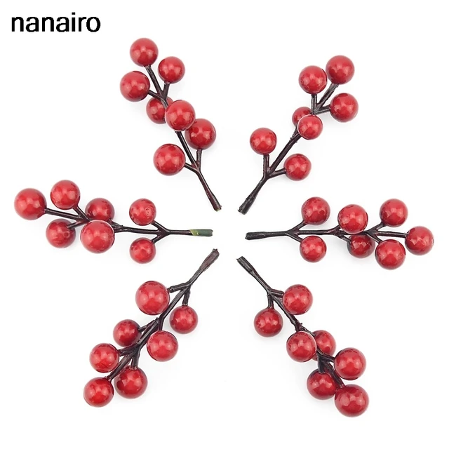 10Dcs7 Fej Mesterséges Mini Cseresznye Bogyók Gyöngy Porcalapú Barkácsos Esküvői Csokor Karácsonyi Dekoráció Szimuláció Gyümölcs Kézműves
