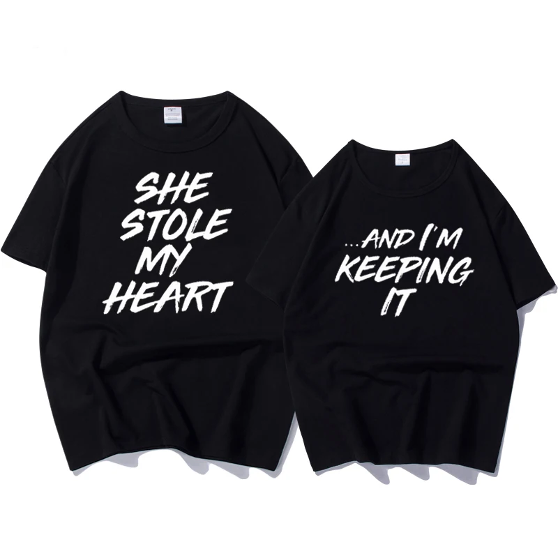 

100% Cotton T-shirt Couple Clothes for Lovers Letter Print She Stole My Heart Funny T Shirt Female Tops Plus Size Women T-shirt