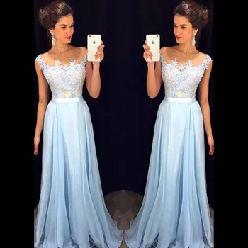 

Lace Elegant Long Prom Dresses Lace Applique Light Blue Prom Dress 2019 Cap Sleeves Floor Length Formal Dress Vestidos