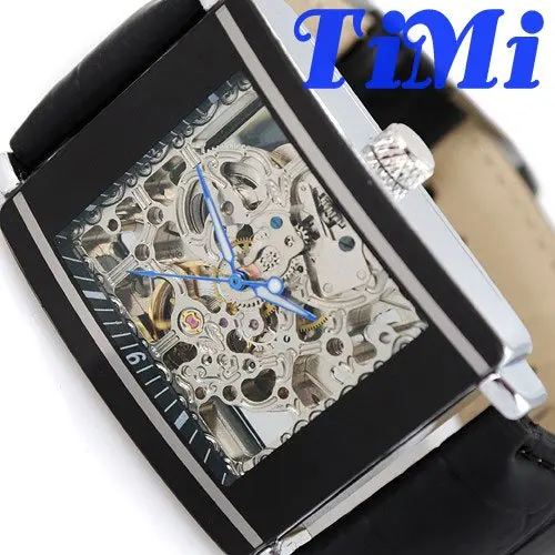 

wholesale FULL SILVERY SEE THROUGH SQUARE DIAL AUTOMATIC REAL LEATHER MENS WRIST WATCH NEW freeship