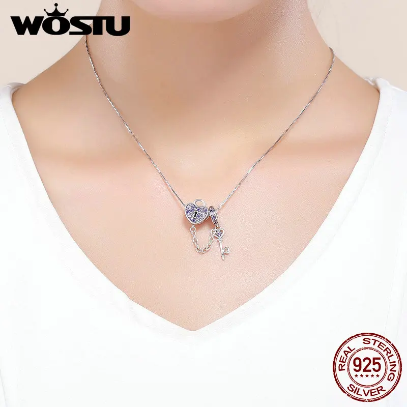 WOSTU 925 пробы серебряный ключ сердце замок Кристалл CZ цепи бусины талисманы подходят браслет и браслет для женщин модные ювелирные изделия FIC772