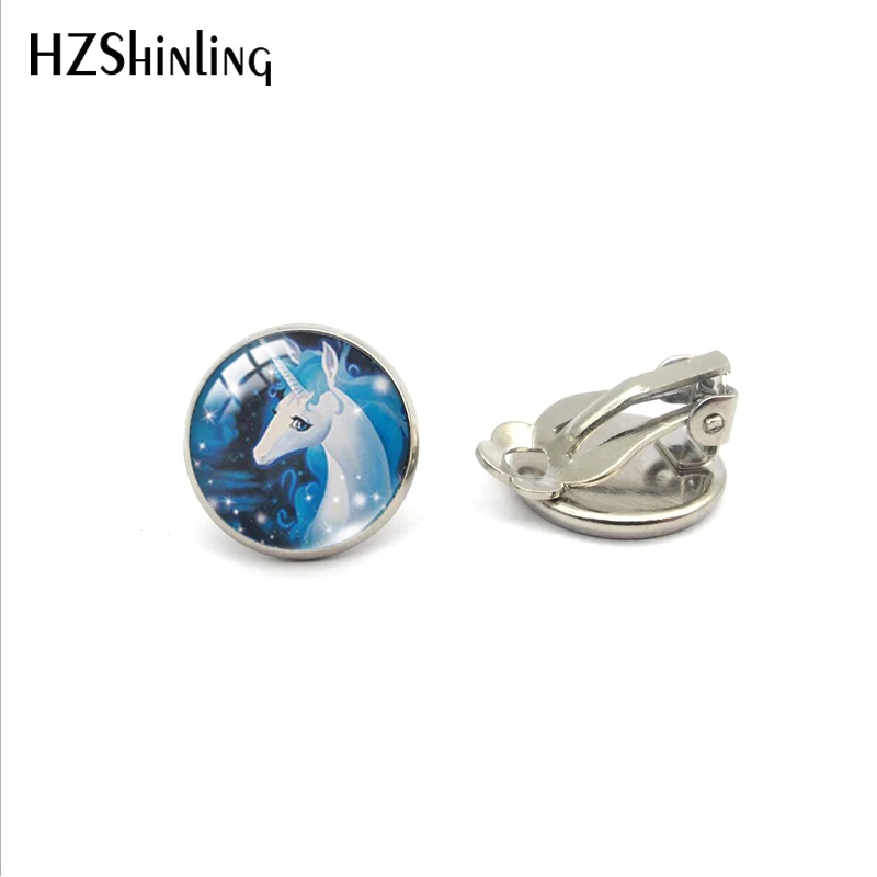 11-Silver Lucky Horse Pegasus единорог мультфильм стиль стекло купол клип серьги ручной работы ювелирные изделия Радуга Единорог клип серьги аксессуары - Окраска металла: 11-Silver