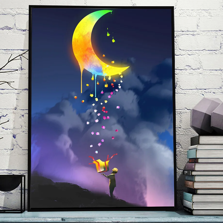 Gohipang-Oil-Painting-Moon-Sunset-Girl-Boy-Nordic-Posters-And-Prints-Wall-Art-Canvas-Painting-Cartoon (2)