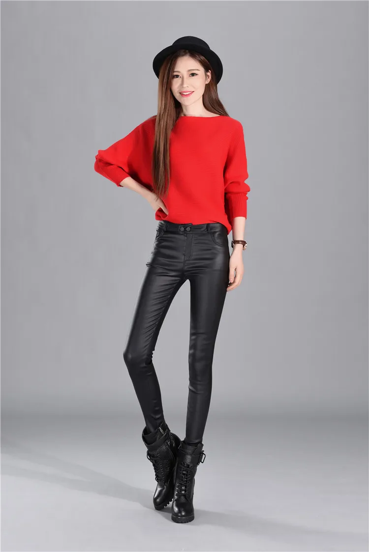 Осенне-зимние женские кожаные брюки с высокой талией, эластичные Блестящие Брюки, узкие женские кожаные брюки-карандаш, женские брюки