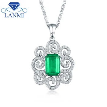 

Luxury Loving Natural Colombia Emerald Pendant Necklace Real 14K White Gold Flower Shape Fine Jewelry for Mother Christmas Gift