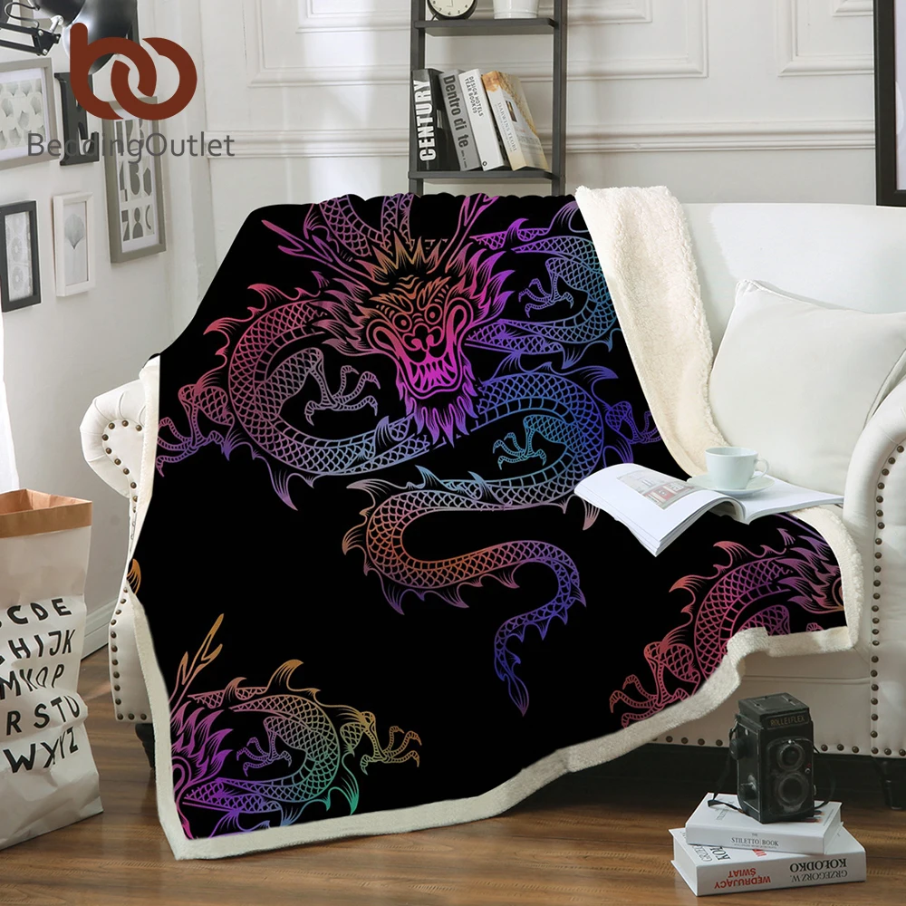 

BeddingOutlet Dragon Sherpa Throw Blanket Colorful Printed Boys Bedspread Velvet Plush Blanket for Bed Sofa Black Home Textiles