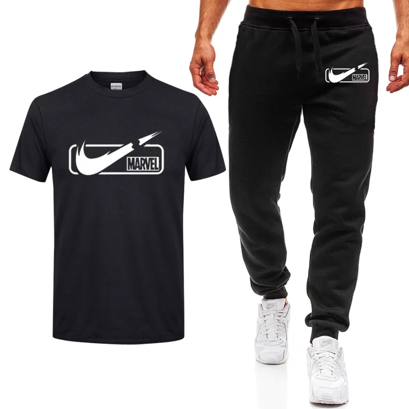 2019 новый бренд Мужская футболка + штаны летний комплект спортивный костюм с коротким рукавом тренажерные залы повседневная мужская