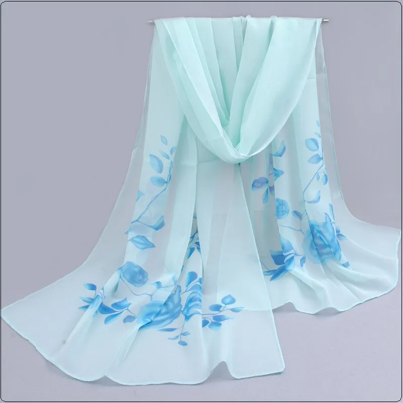New Fashion Print Long Chiffon Silk scarves Designer Woman Fashion New Design Peacock Flower print scarves 4