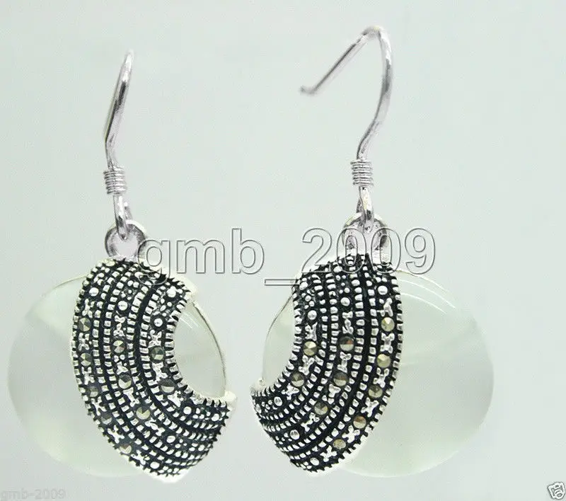 handmade 18*18mm white opal Beads 925 Sterling Silver & Marcasite Earrings