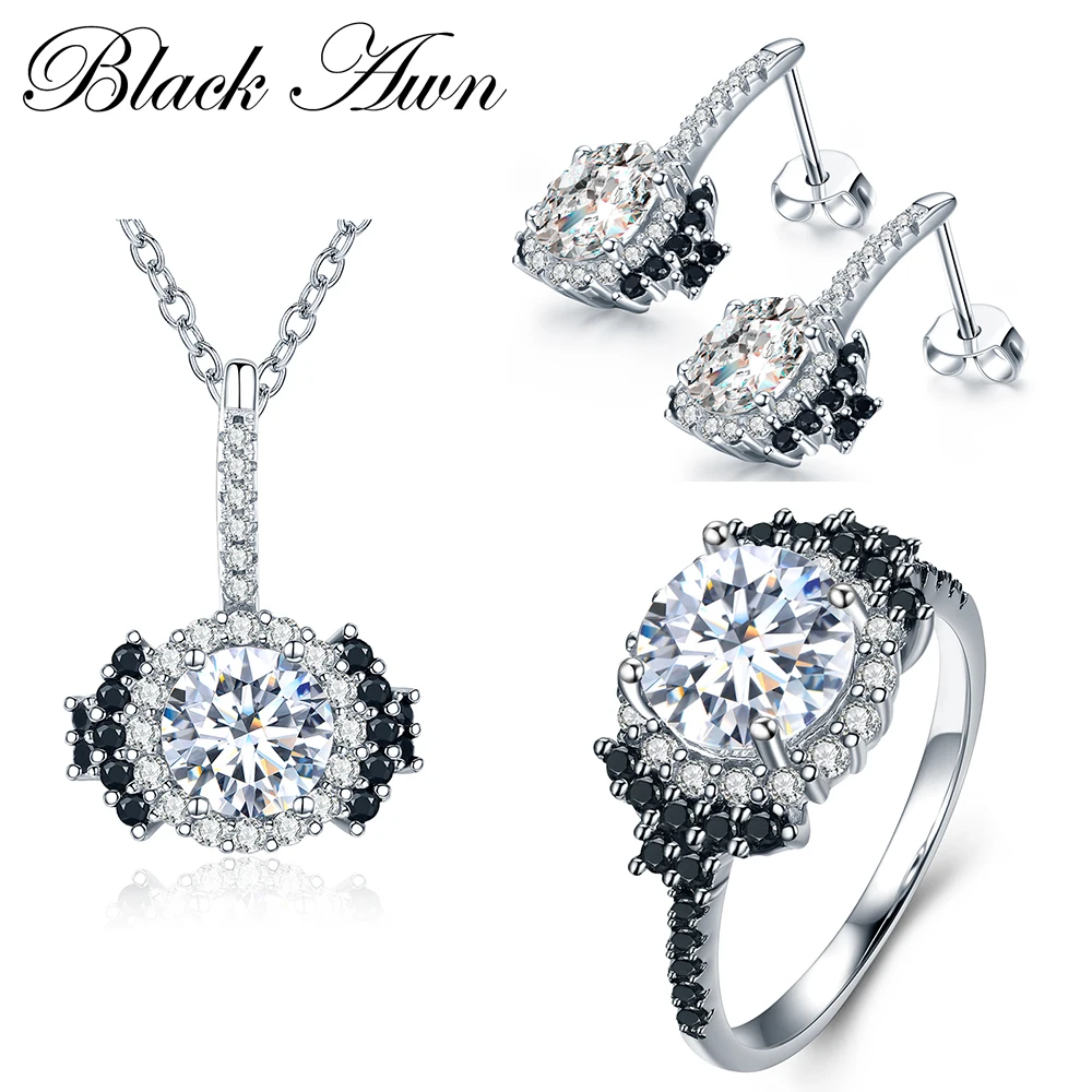 

[BLACK AWN] 925 Sterling Silver Fine Jewelry Sets Trendy Engagement Sets Necklace+Earring+Ring for Women PTR021