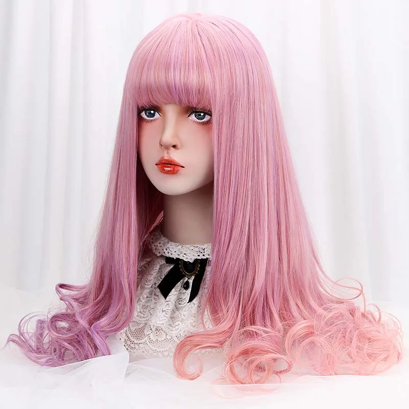 28 Synthetic Long Wavy Lolita Wigs With Bangs Pink Purple Ombre