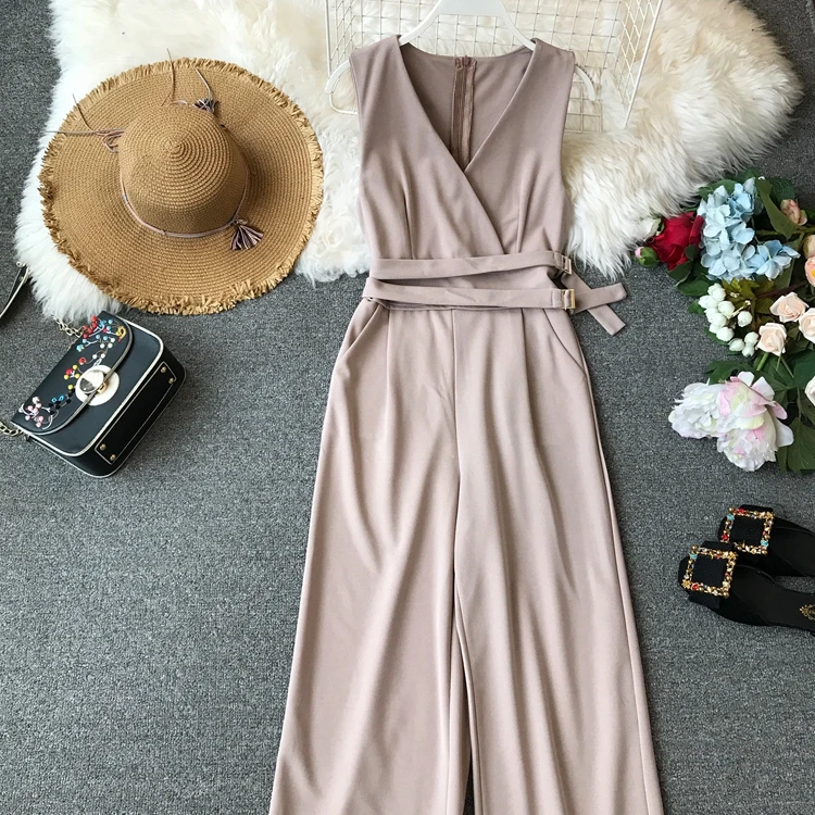 Sleeveless V-neck High Waist Sashes Wide Leg Jumpsuit