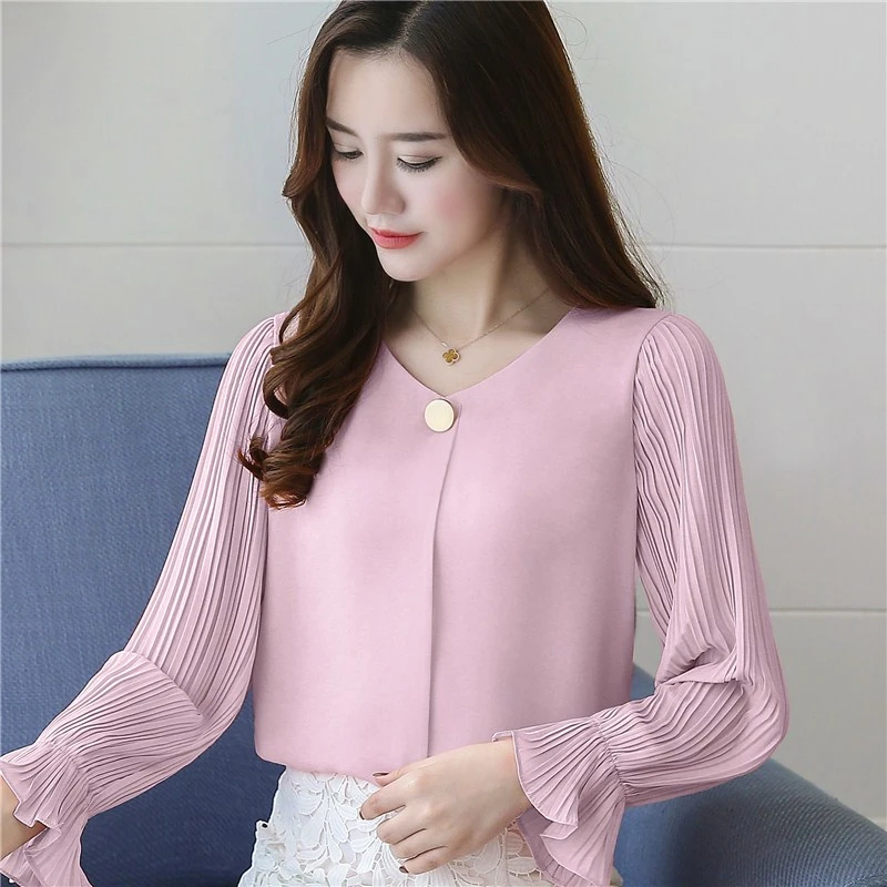

Autumn S-2XL Women Office Chiffon Official V-neck Blouses Shirts Female Formal Shirts Full Pleated Sleeve Blouses Tops GD9022