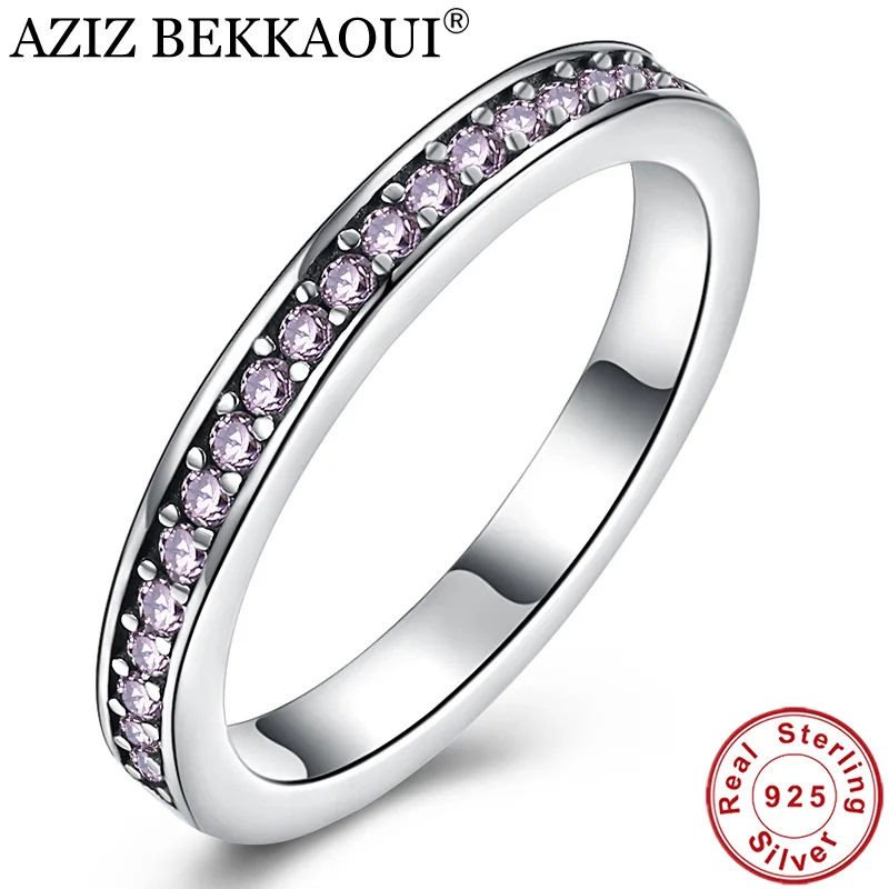

AZIZ BEKKAOUI Genuine 925 Sterling Silver Purple & Clear CZ Finger Ring Stackable Ring for Women Wedding Engagement Jewelry Gift