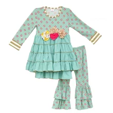 Moutarde Tarte Filles Tenues Nouvelle Arrivée Bébé Menthe Motif Floral Swing Top À Volants Coton Pantalon Vêtements Enfants Automne Vêtements Ensemble F075