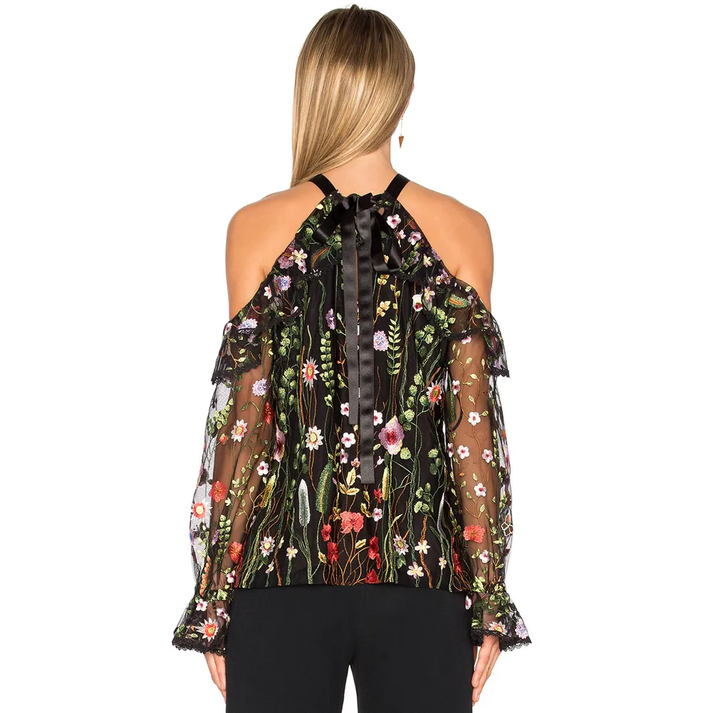 2019 Sexy Mujer Top bordado Floral hombro Tie Halter manga camisa transparente negro Ropa de Mujer 2019 Sexy Mujer Top bordado Floral hombro Tie Halter manga camisa transparente negro Ropa de Mujer