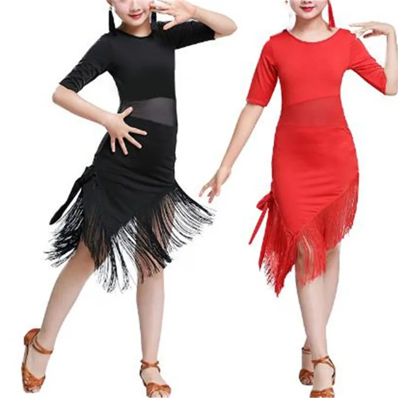 

Kids Girls Latin Dance Dress Ballroom Rumba Tango Dress Mesh Splice Irregular Tassels Hem Dress for Performances Competition