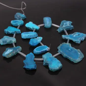 

15.5"Strand Natural Blue Raw Agates Drusy Quartz Geode Top Drilled Freeform Slab Slice Nugget Beads DIY Pendants Jewelry Making