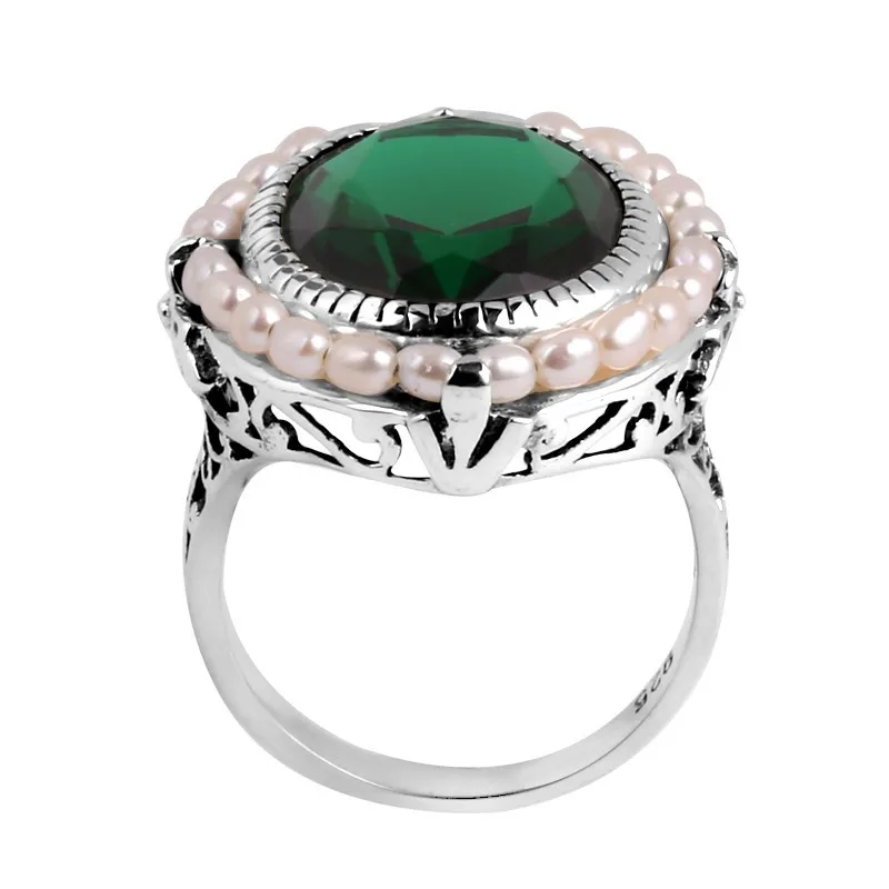 Szjinao Оптовая Продажа Модные украшения 100% натуральный жемчуг вырезка антикварные зеленый изумруд для женщин кольцо из стерлингового