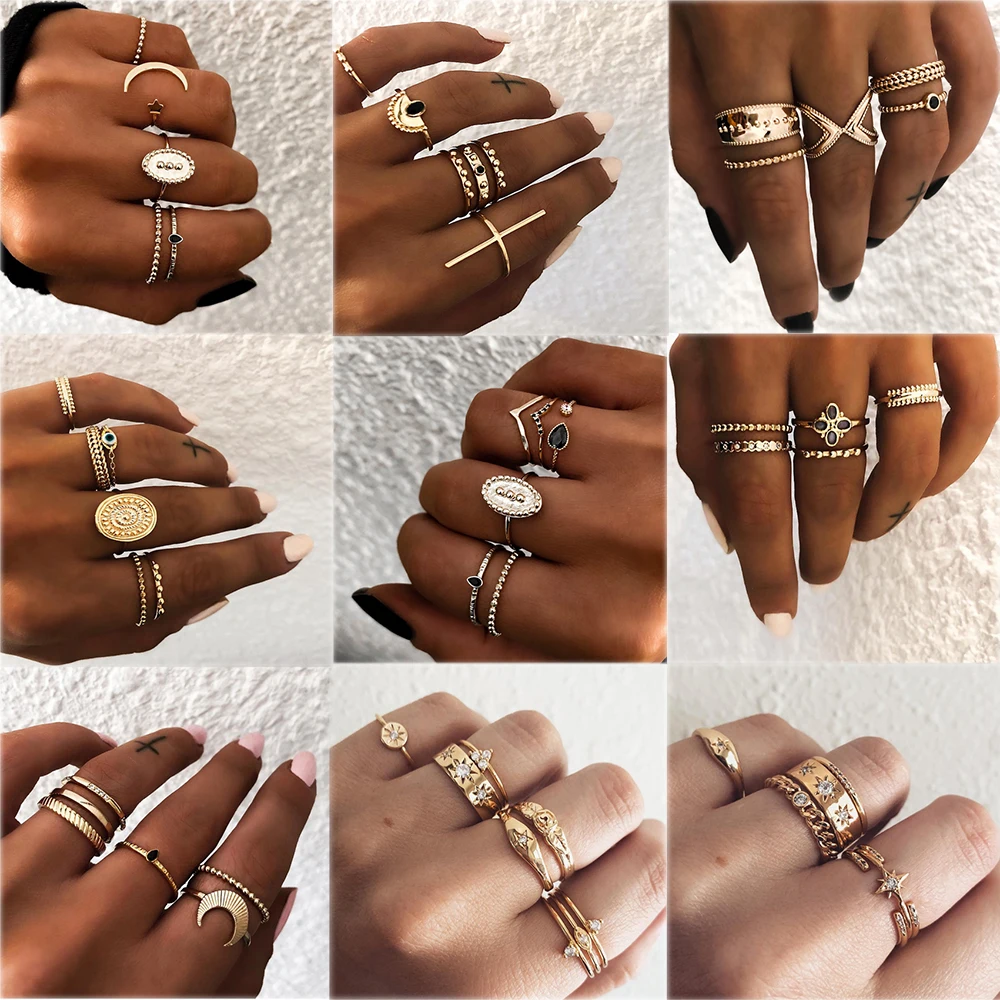 

HOMOD 2019 Vintage Bohemian Gold Moon Geometric Joint Ring Set For Women Crystal Personality Design Ring Set Party Jewelry Gift