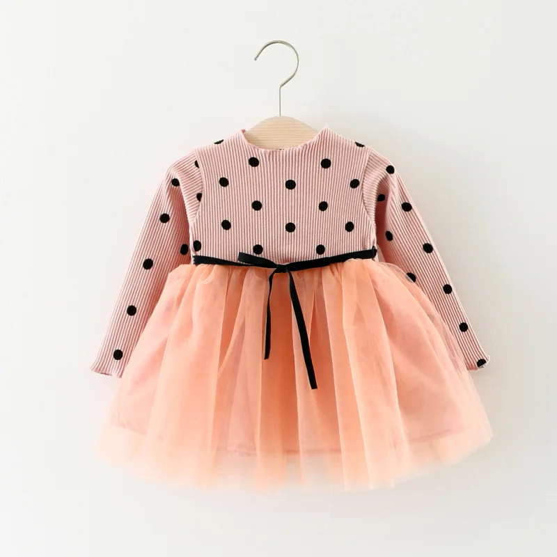 

Baby Spring and Autumn Girls Dress Baby Long Sleeve Dot Splicing Mesh Skirt Korean Princess Dress Girl Tutu Dress