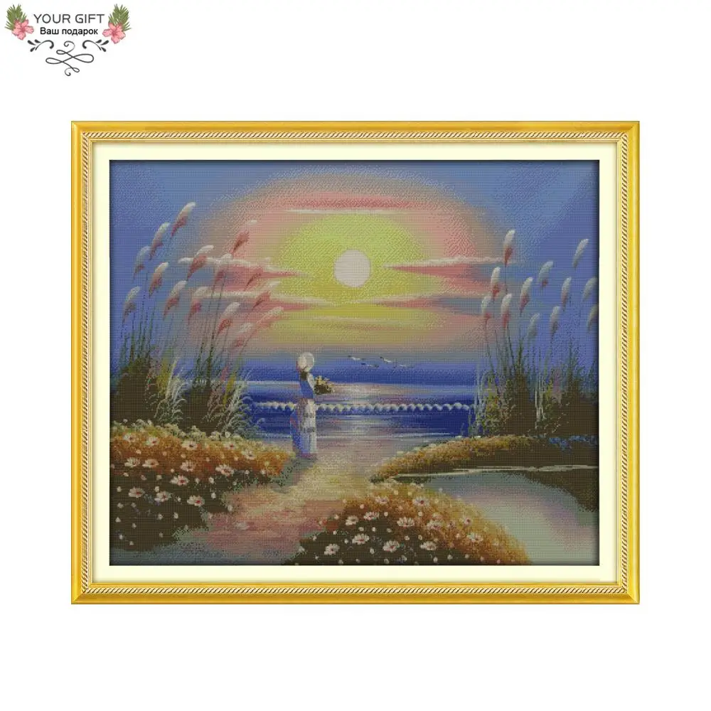 

Joy Sunday Free Shipping Counted and Stamped Seaside Girl Needlepoints Embroidery Cross Stitch kits for Home Decoration R465