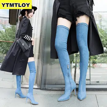 

2019 Fashion Women Boots High Heels Spring Autumn Over The Knee Boots Tight High Stiletto Jeans Denim Rome Long Shoes Size 42