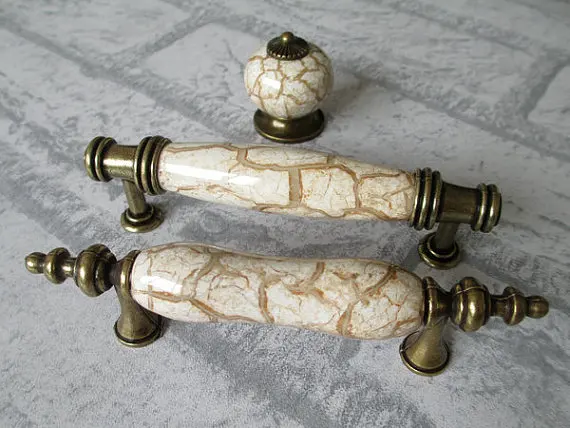 

Ceramic Dresser White Crackle Antique Brass Kitchen Cabinet Handle Knob Pull Furniture Hardware