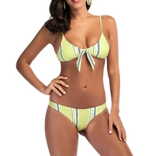 Женский 2 шт купальники бюстгальтер со вставками стринги Полосатый бикини набор пуш-ап пляжный купальный костюм бандаж бантик купальник