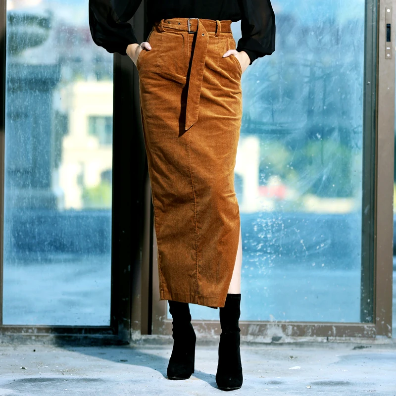 Free Shipping 2021 Vintage Corduroy Side Slit Slim Hip Pencil Skirt For Women Stretch Straight Plus Size S-2XL Skirt With Belt