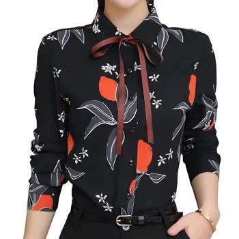 

Beauty Flower Printed Lady Black Blouses Plus Size S-4XL Long Sleeve Design Tops 2018 Women Fashion Chiffon Shirts