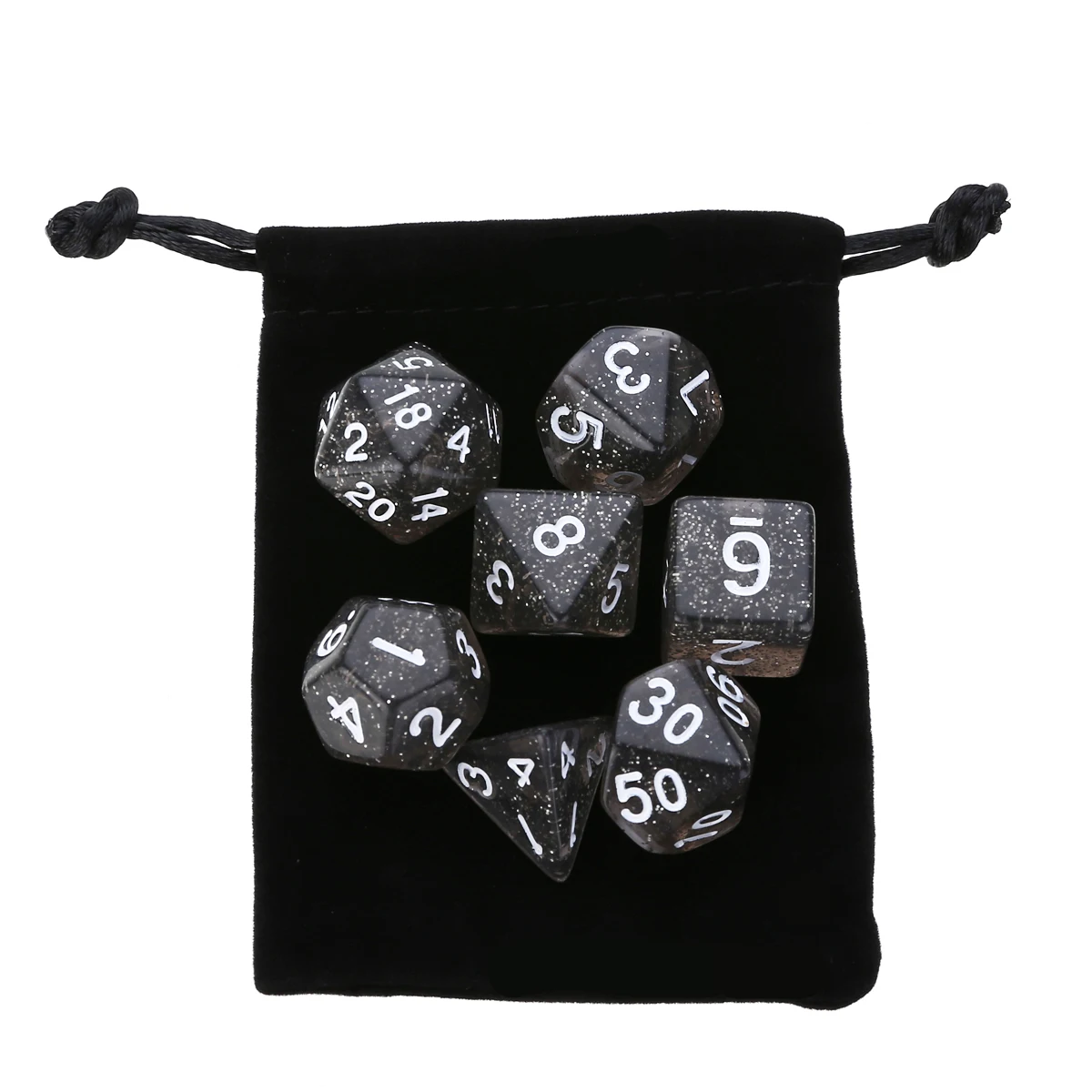 7Pcs White Words Dices Translucent Polyhedral Dices Black With Bag Set For RPG GamesD4-D20 Outdoor Home Gathering Games Tool