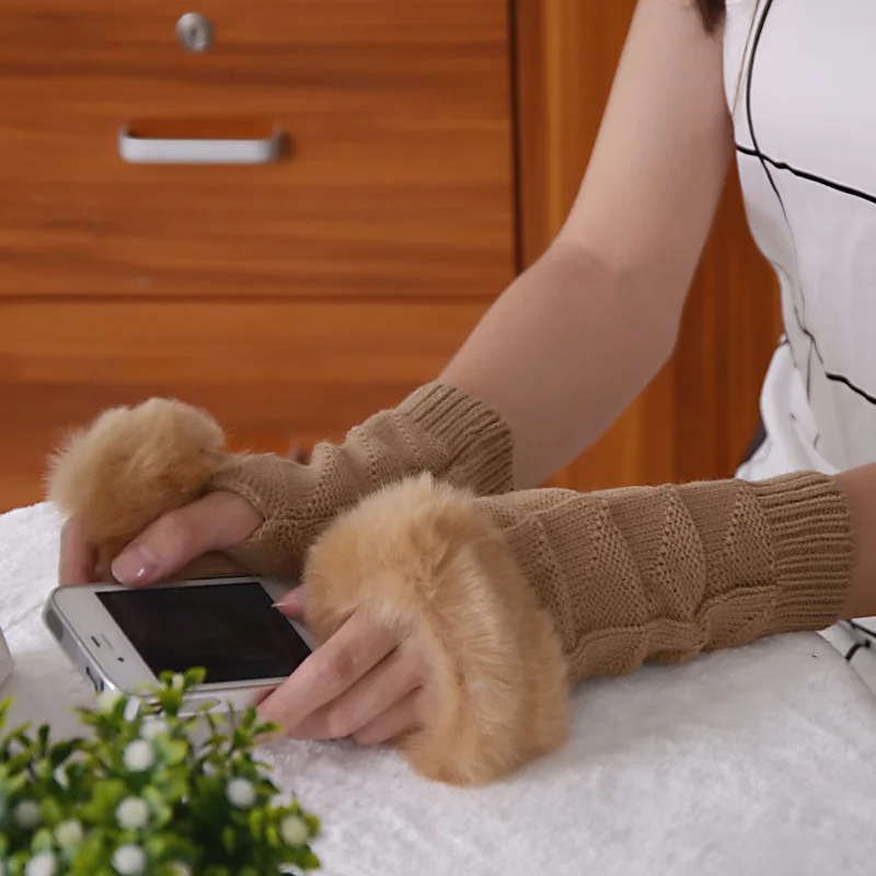 10 шт./партия прекрасная зимняя теплая Талия шерстяные вязаные перчатки корейская мода искусственный мех кролика Варежки перчатки без пальцев - Цвет: khaki