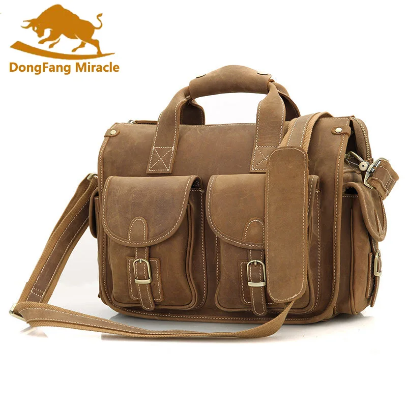 

New Crazy Horse Leather Briefcases Laptop Bags For Men's Vintage Large capacity Double Handbag Shoulder bag