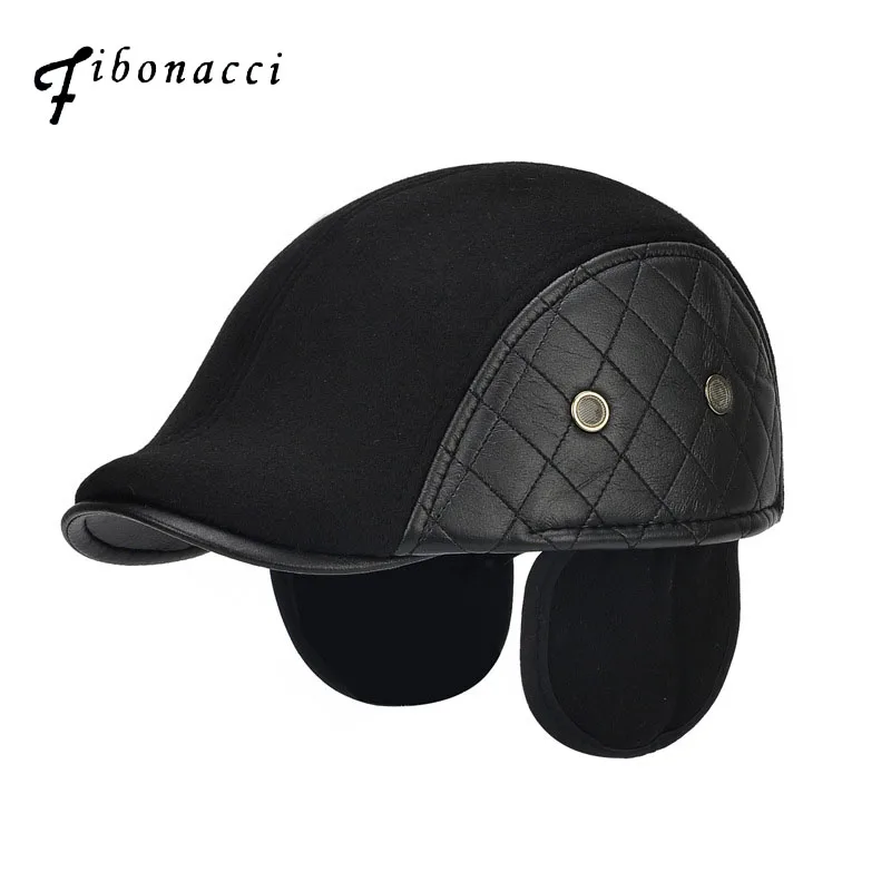 

Fibonacci 2017 New Middle And Old Age Man Beret Nylon for Leather Patchwork Ear Flap Newsboy Caps Autumn Winter Vintage Dad Hat