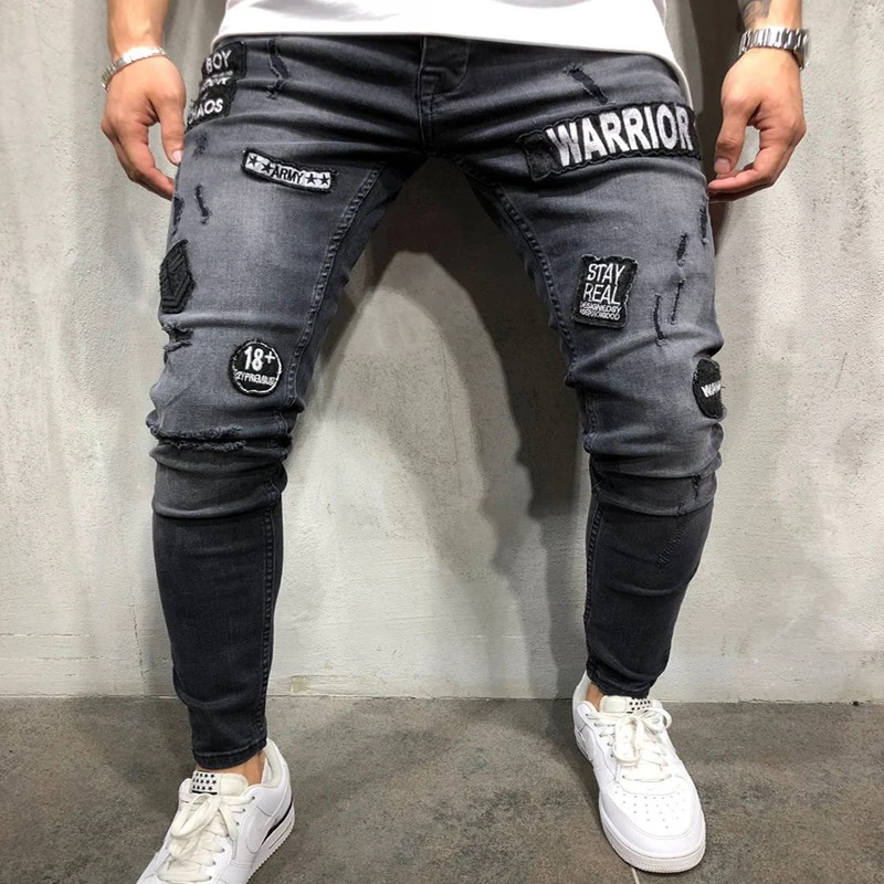 Skinny Hole Ripped Denim Jeans for Men Hip Hop Slim Fit Streetwear Patchwork Badge Distressed Black Pencil Pants Skinny Hole Ripped Denim Jeans for Men Hip Hop Slim Fit Streetwear Patchwork Badge Distressed Black Pencil Pants