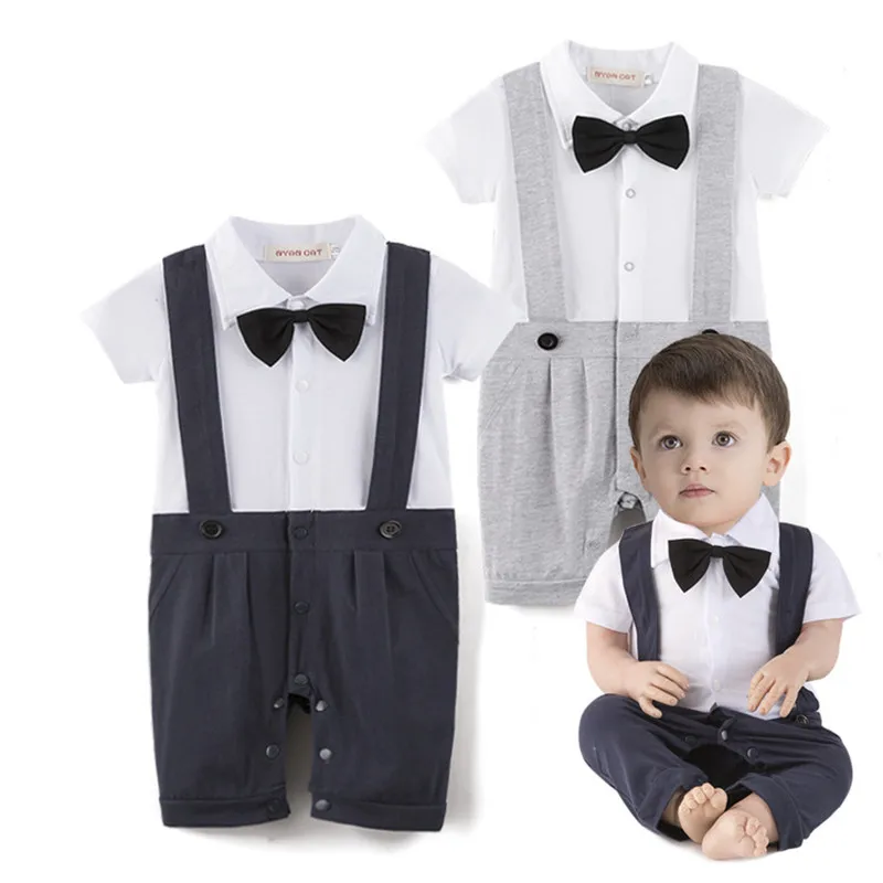 

Baby clothing cotton outfit romper short sleeve gentlemen bow tie Newborn jumpsuit infant party wedding birthday boys clothes