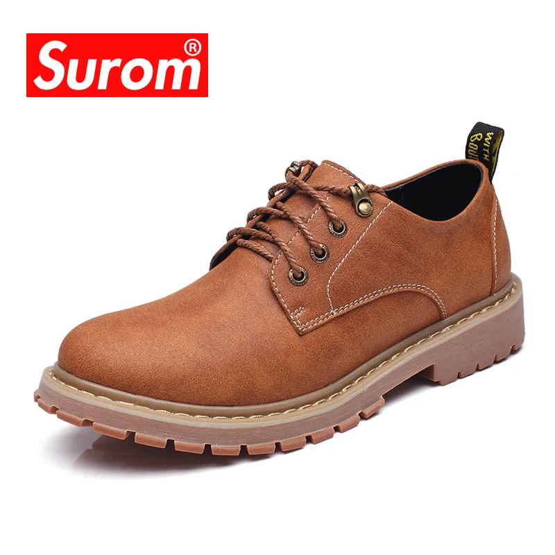 

SUROM PU Lace-Up Low Casual Shoes Mens New Breathable Round Toe Retro Shoes Non-Slip Soles Height Increasing Male Shoes