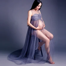 Fashion Gray Maternity Dress Grey Gown Two Layer Gauze Photography Props Pregnant Women Long Flowing Dress