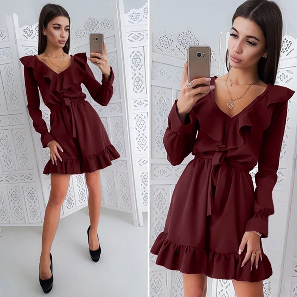 

Autumn Solid Color Ruffles Sashes Women Dress 2018 Fashion A-line Long Sleeve V-neck Dress Female Sexy Party Dresses