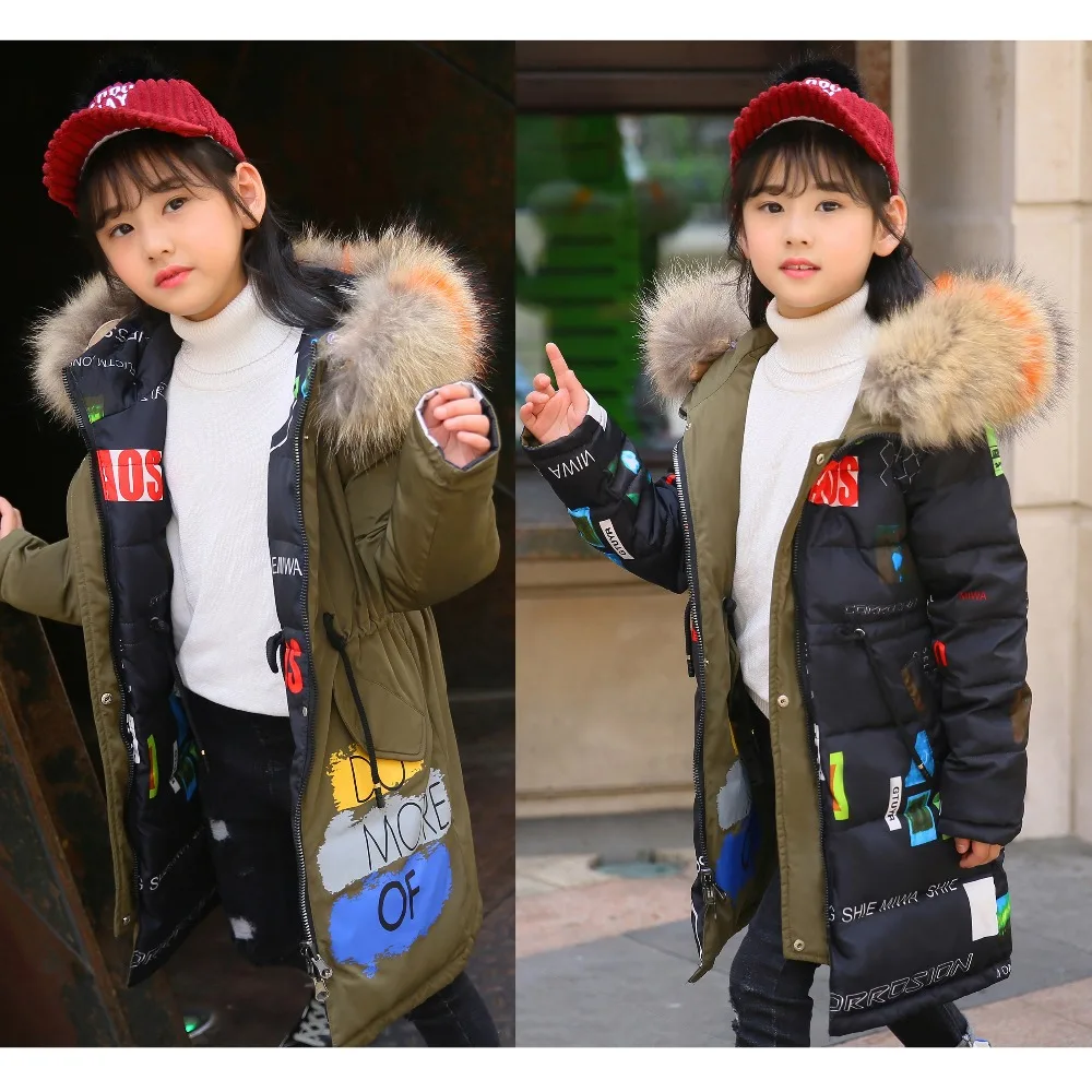 

XYF8811 Girl Winter 100% White Duck Down Coat Child Wear both sides Keep Warm Thick Hooded Jacket Long Outerwear Boy Windbreaker