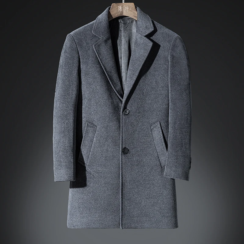 DHfinery Winter Wool Coat Men Long Sections lapel 30%Woolen Coats black gray Business Overcoat mens windbreaker jacket 6604 | Мужская