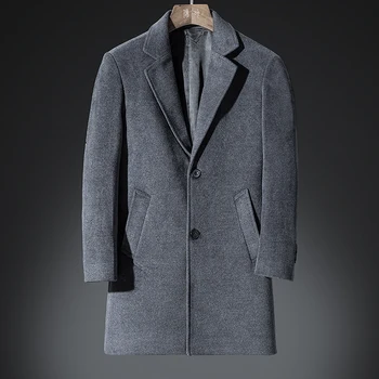 

DHfinery Winter Wool Coat Men Long Sections lapel 30%Woolen Coats black gray Business Overcoat mens windbreaker jacket 6604
