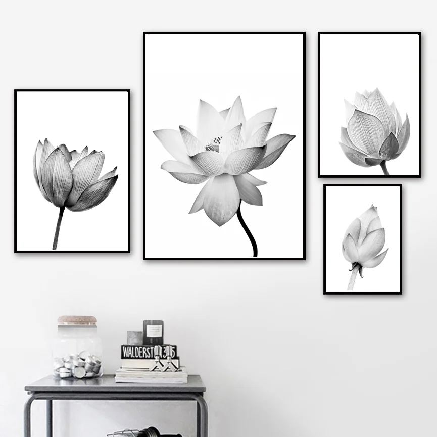 

Nature Lotus Flower Bud Wall Art Canvas Painting Nordic Posters And Prints Black White Wall Pictures For Living Room Home Decor