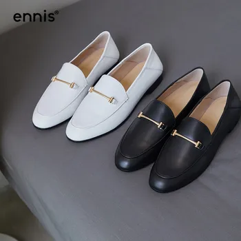 

Spring Black Flat Loafers Women Genuine Leather Boat Shoes Metal Decoration Casual Flats Female White Loafer Shoes Fashion C927
