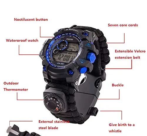 Outdoor Survival Watch Waterproof Emergency Night Vision 50M IP68 Survive Paracord Knife Compass Thermometer Whistles First Aid Kits  (2)