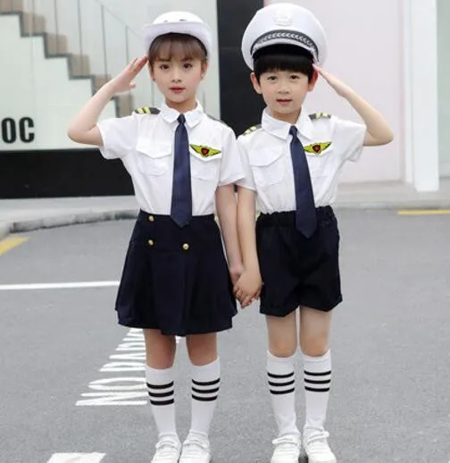 

Newest Children's Day Pilot Uniform Stewardess Cosplay Halloween Costumes Girl Boy Captain Aircraft Clothing Kids photo costume