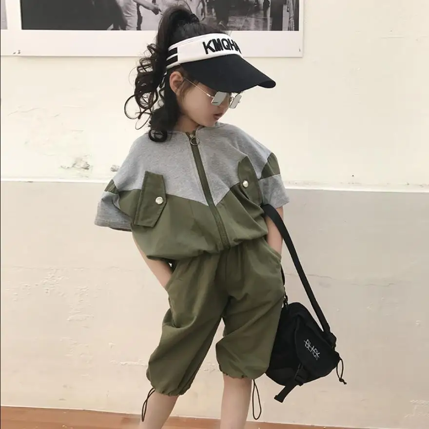 

Girls baby sets 2019 summer new fashion hooded tops + shorts 2 pcs suits for children clothes teens hit colors Military sets 578